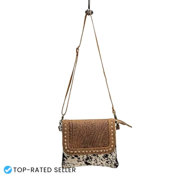 Western Cow Print Crossbody Bag Leather Strap Canvas Saddle Style Boho Chic - Picture 5 of 7